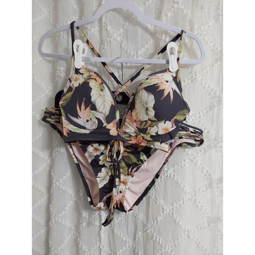 Tropical Floral Bird of Paradise Bikini Set Black Strappy Longline Small